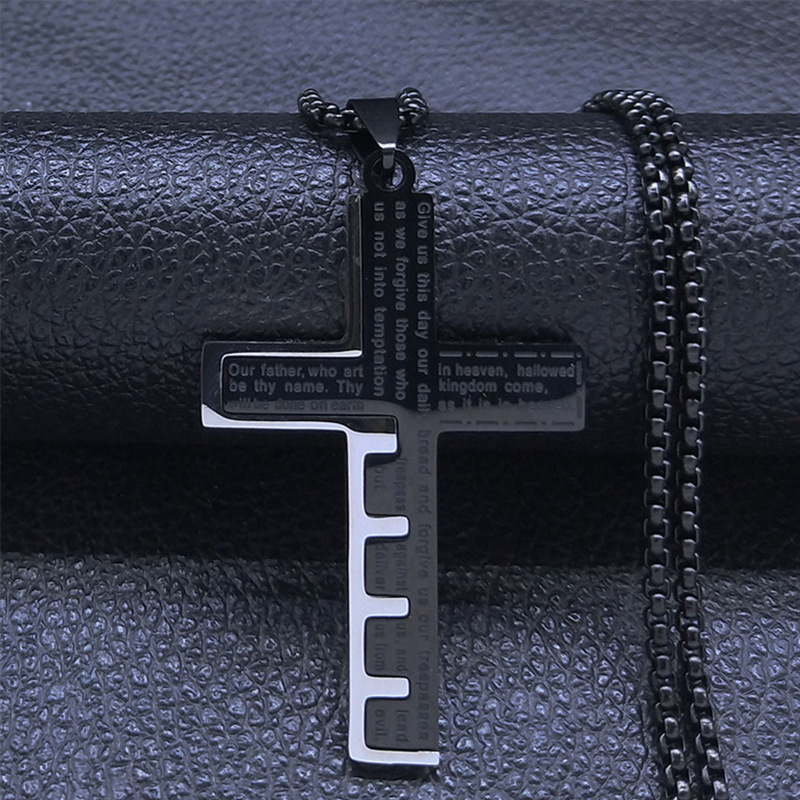 Retro Scriptural Prayer Cross Pendant Necklace 316L Stainless Steel 18K Gold Plated Men's Religion Jewelry