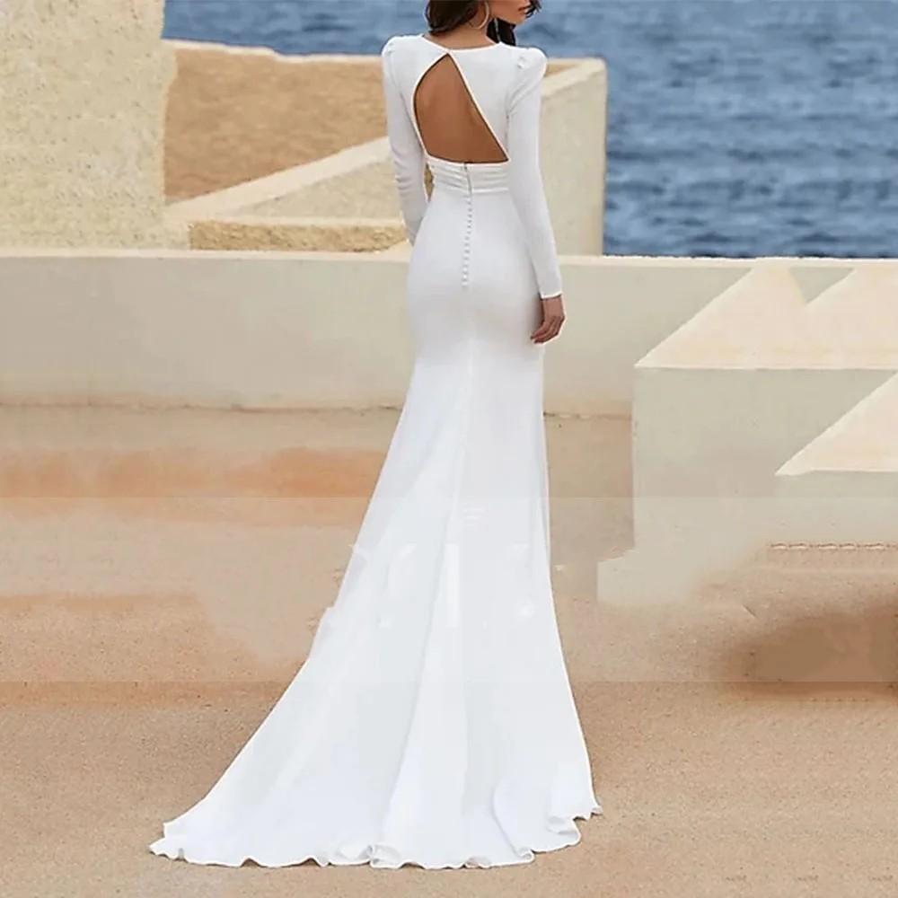 White Wedding Dresses Mermaid Long Sleeves Sexy Deep V-Neck Soft Satin Backless Buttons 2024 Elegant Bride Gown Robe De Mariage