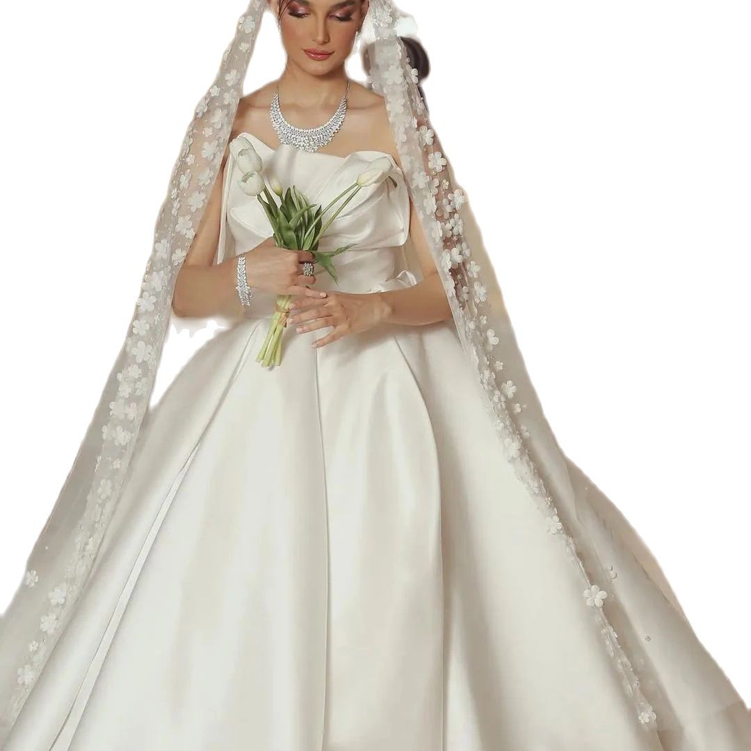 Modern Satin Wedding Dresses Pleats Strapless Neck Bridal Gown Custom Made Bride Dress With Veil Vestidos De Noiva