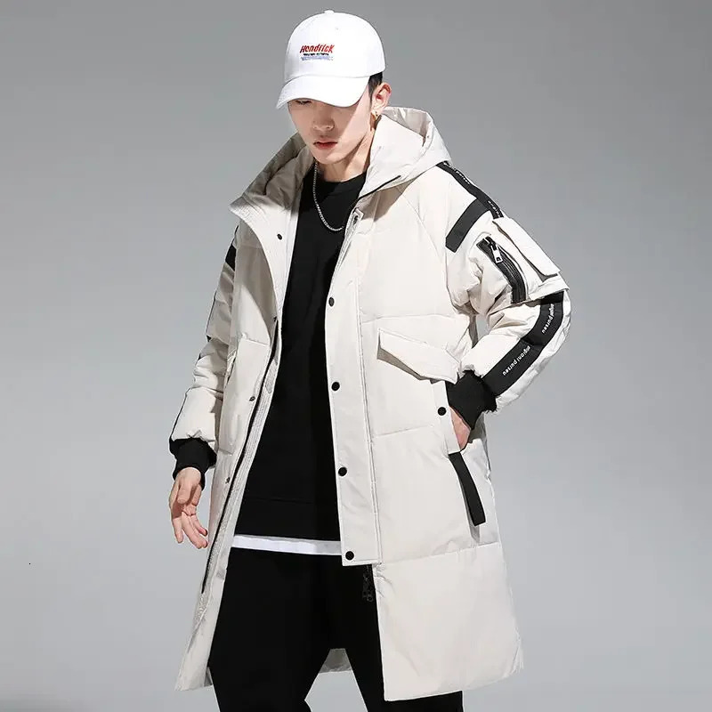 Mens Down Parkas Hooded Overtheknee Overcoat Thickened Midlength Jacket Zipper Buttons Winter White Duck Jackets 231024