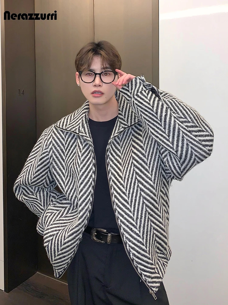 Men's Trench Coats Mauroicardi Autumn Winter Warm Colorful Black and White Plaid Woolen Jacket Coat Men Zip Up Clothes Loose Casual Korean Fashio