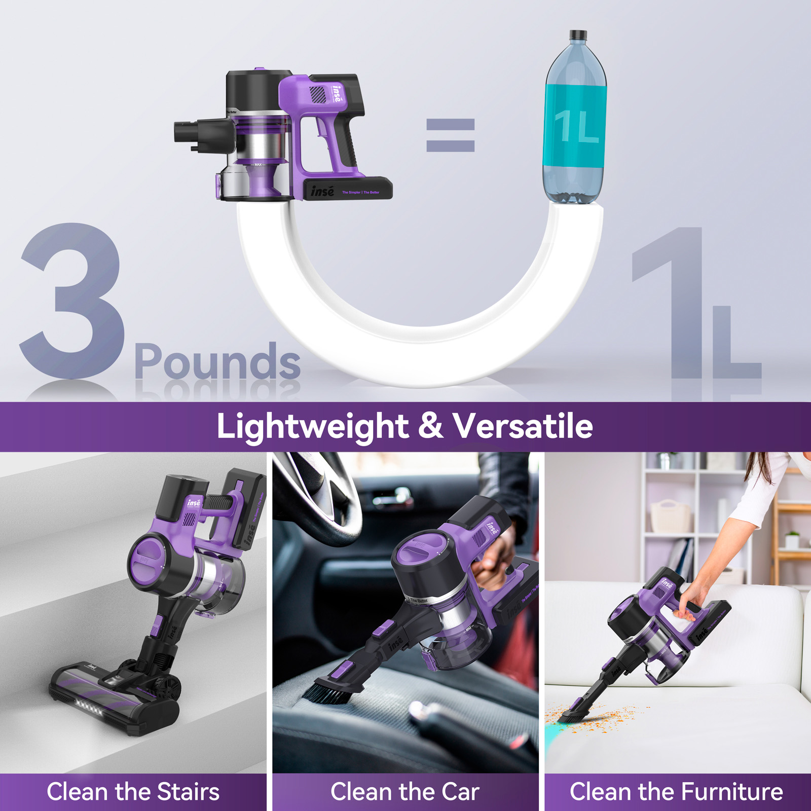 INSE S10P Cordless Vacuum Cleaner - 6-in-1 Stick Design with 26kPa Powerful Suction & Dual Battery System for Extended Use on Hard Floors (Purple)