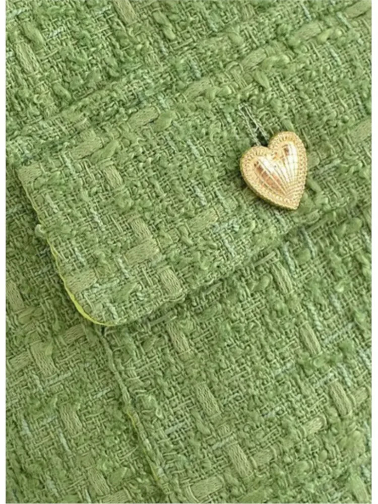 Womens Jackets Green Cropped Tweed Skirt Jacket Chic Outfits Single Breasted Pockets Coat Slim Short Skirts Sets Autumn Elegant Women Suits 231023