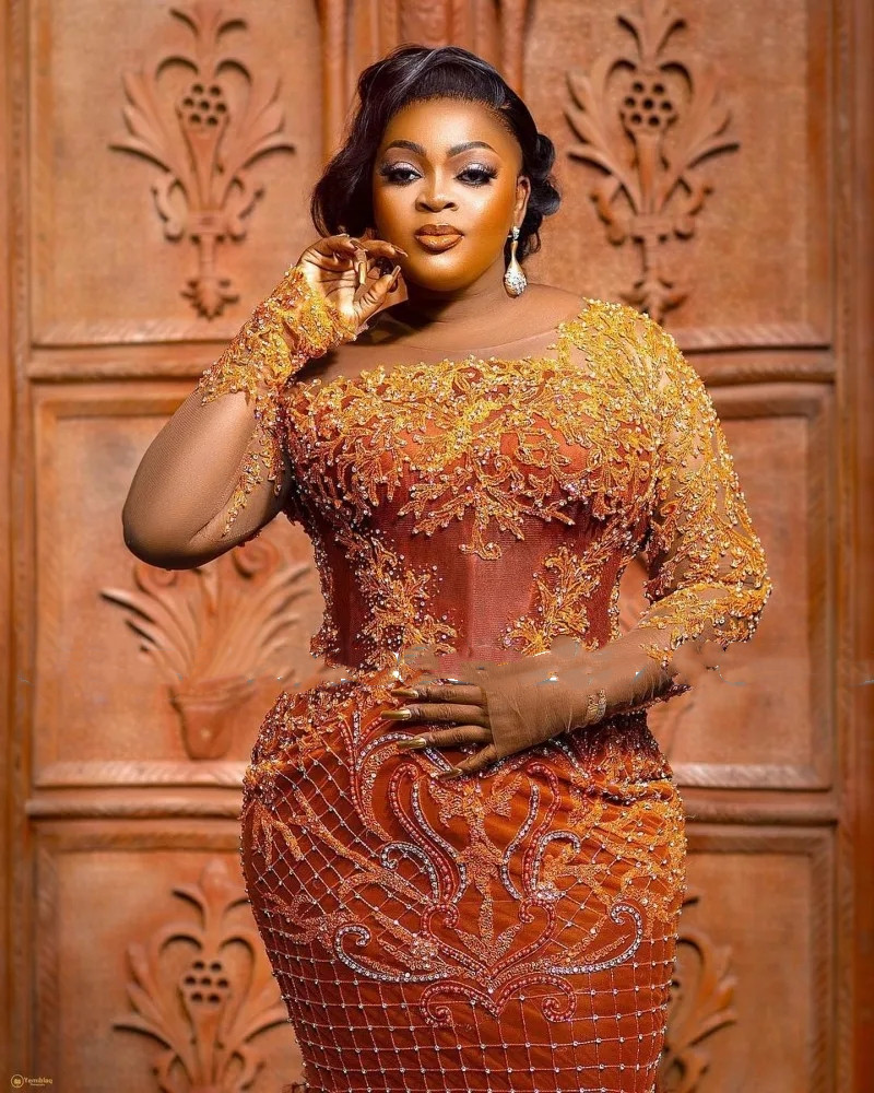 African Women Plus Size Evening Dresses Beaidng Applique Mermaid Prom Dress Long Sleeves Special Ocn Reception Gowns
