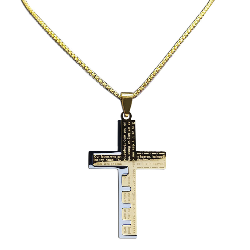 Retro Scriptural Prayer Cross Pendant Necklace 316L Stainless Steel 18K Gold Plated Men's Religion Jewelry