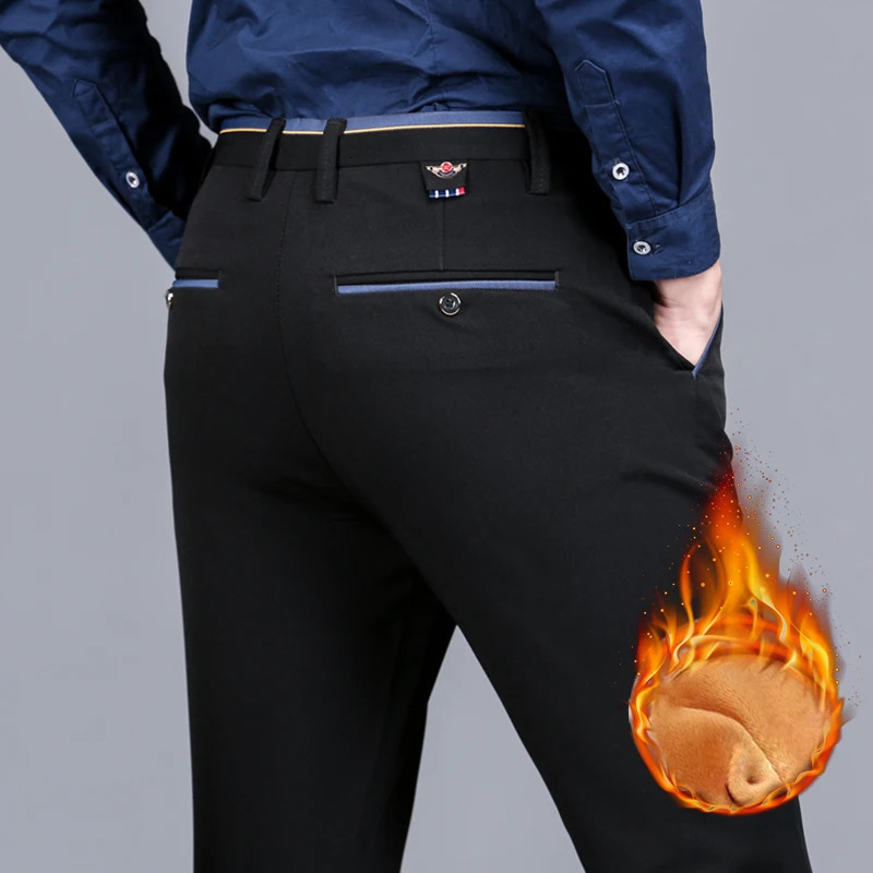 Mens Pants Winter Thickened Fleece Casual Warm Straight Tube Antiwrinkle Noniron Business Solid Color Suit Trousers Male 231024