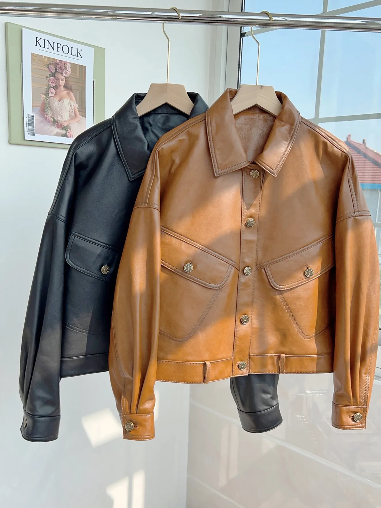 0C44M699 Genuine Leather Women's Short Style Casual Versatile Jacket Spring and Autumn Appear Thin Motorcycle Sheepskin