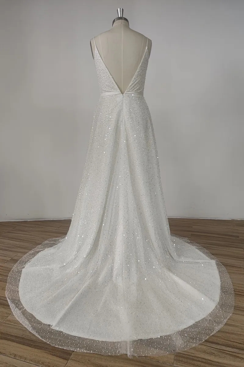Glitter Backless Boho Wedding Dresses 2024 Deep V-neck Shiny Sequined Bridal Party Gown A-Line Side Slit Sweep Train Backless Vestido de Novia