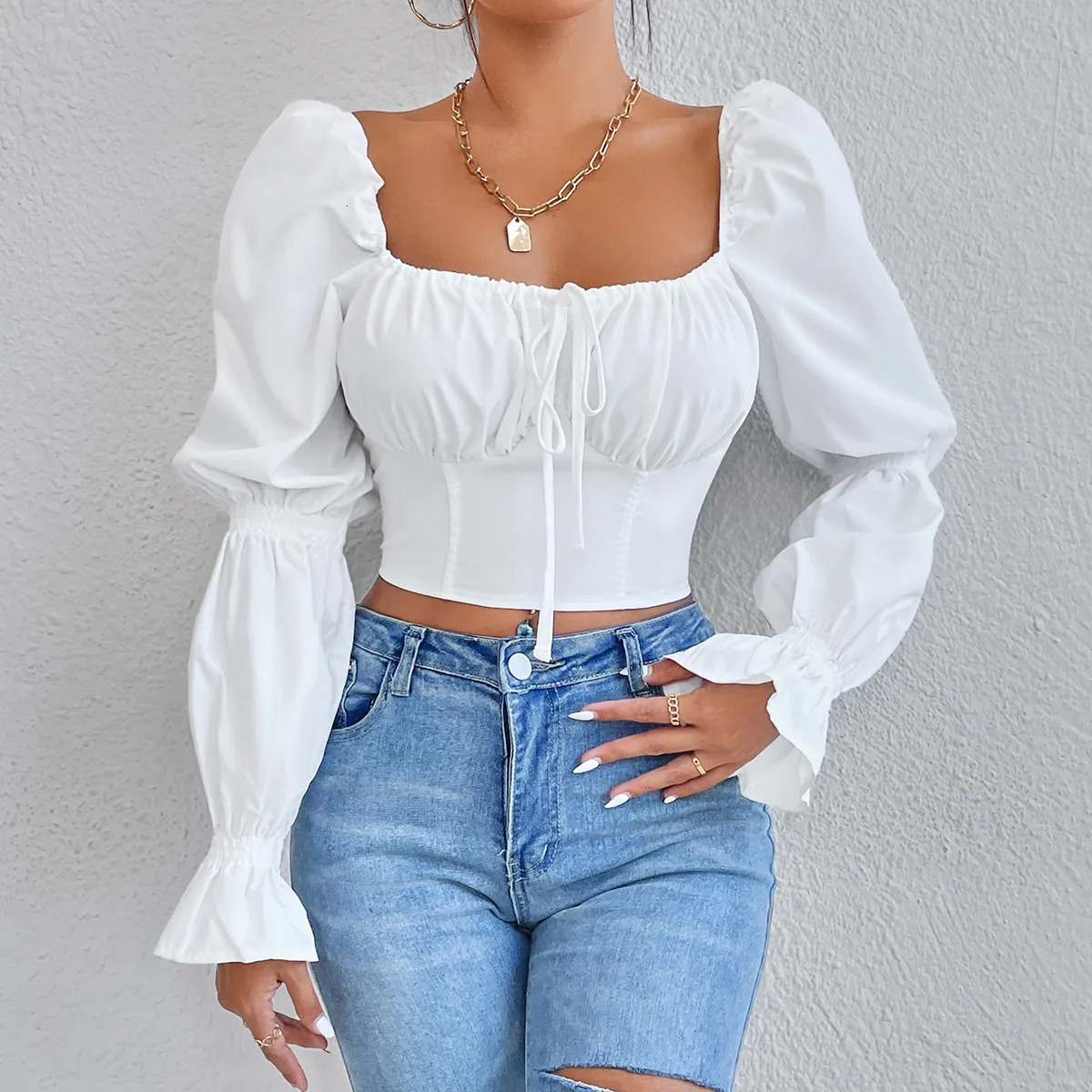 Women s Blouses Shirts Vemina Arrivals Autumn Winter Y2K Street Style Slim Women White Sexy Bow Backless Puff Long Sleeves Crop Top 231025