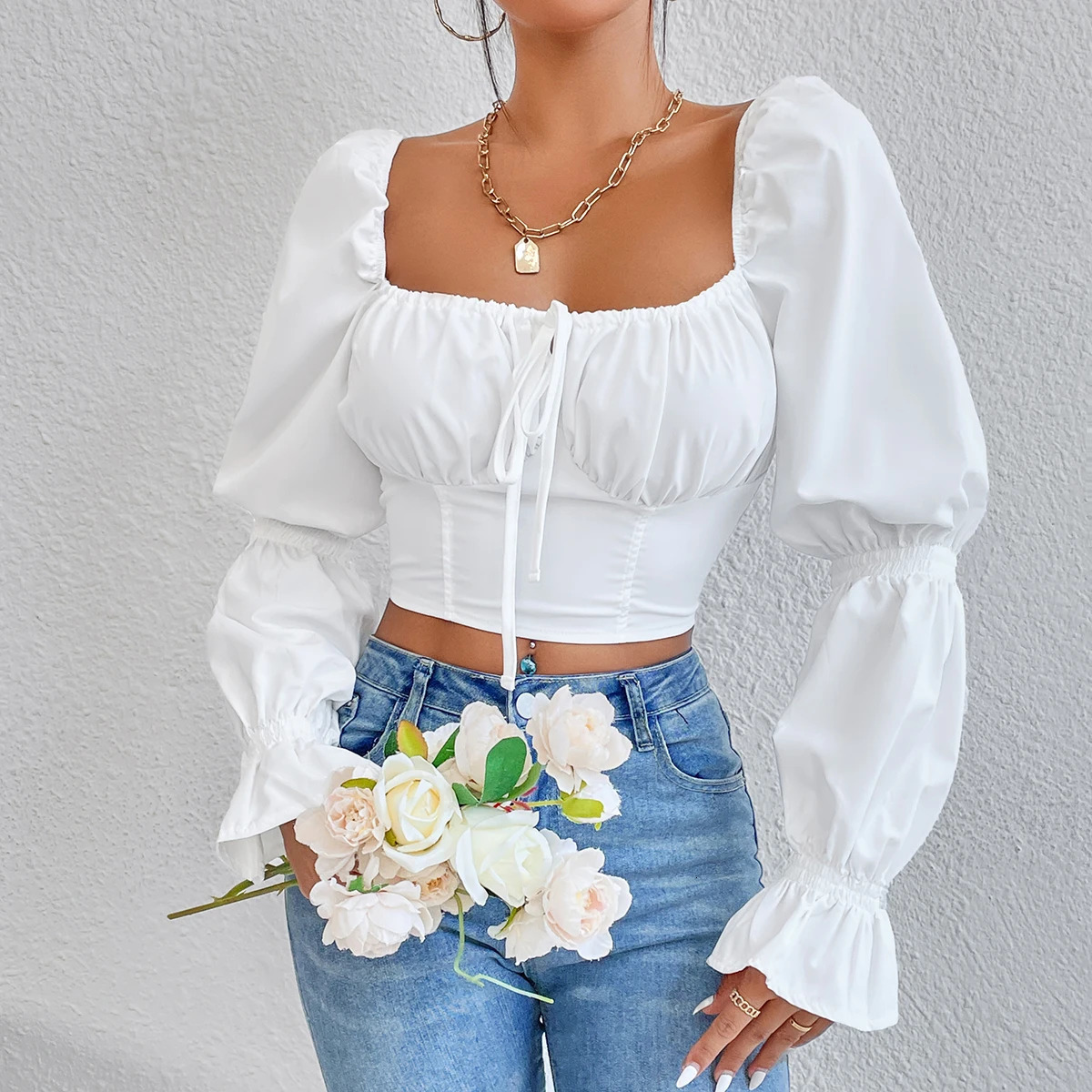 Women s Blouses Shirts Vemina Arrivals Autumn Winter Y2K Street Style Slim Women White Sexy Bow Backless Puff Long Sleeves Crop Top 231025