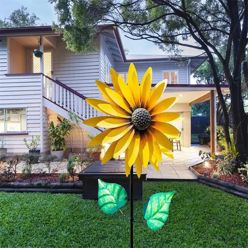 Garden Decorations Sunflower Windmill Metal Rotating Sunflower Wind Spinner With Stake Standing Lawn Flower Pinwheel Outdoor Garden Decor Kids Toy 231