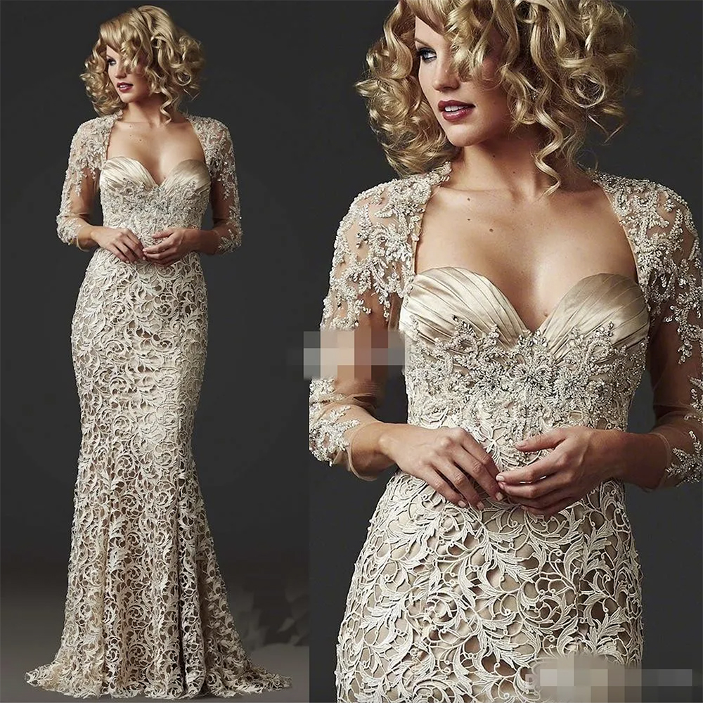 Lace Champagne Mother Of Bride Dresses Jacket Long Sleeves Beaded Plus Size Custom Made Mermaid Sweetheart Necke Evening Party Gowns