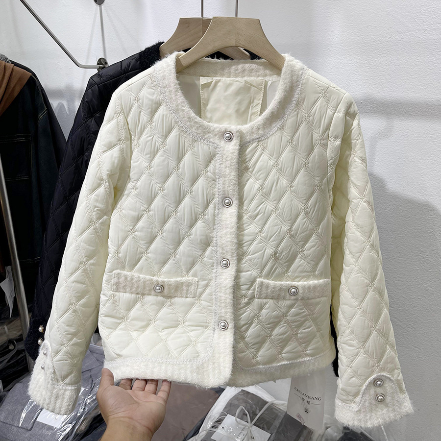2023 Autumn New C Diamond Grid Mink Wool Splice Small Fragrance Cotton Coat Women's Short Lightweight Cotton Coat Coat