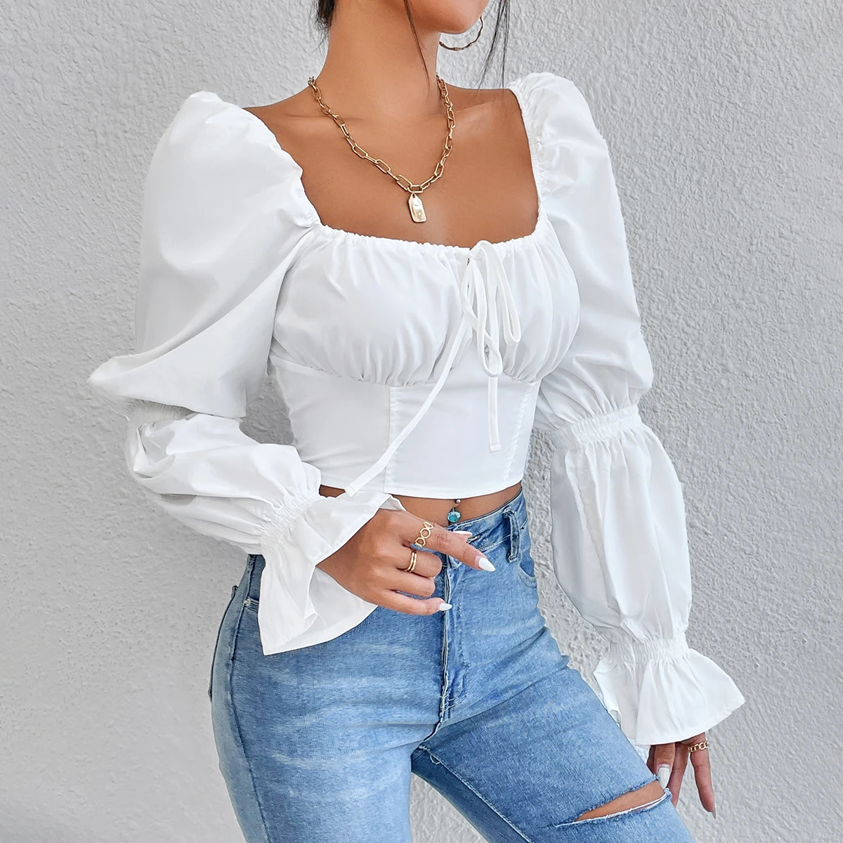 Women s Blouses Shirts Vemina Arrivals Autumn Winter Y2K Street Style Slim Women White Sexy Bow Backless Puff Long Sleeves Crop Top 231025