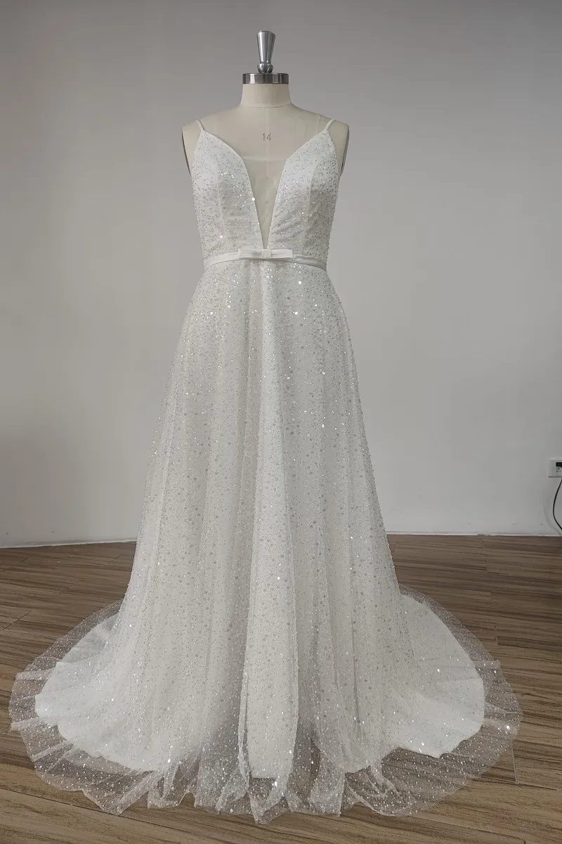 Glitter Backless Boho Wedding Dresses 2024 Deep V-neck Shiny Sequined Bridal Party Gown A-Line Side Slit Sweep Train Backless Vestido de Novia