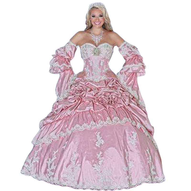Princess Pink Sweetheart Quinceanera Dresses With Detachable Bell Long Sleeves Lace Appliques Ruched Corset Long Vintage Prom Sweet 16 Dress Girls Bri