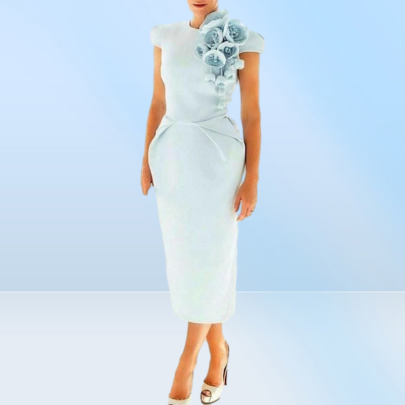 Sky Be Ps Size MOTHER Of The Bride Dresses Jewel Neck Cap Sleeves Tea Length Flowers Ps Size Dress Wedding Guest Gowns