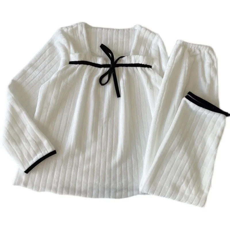 Womens Sleepwear Square Collar Women Pajamas Set Winter Fleece Velvet 2 Piece Pant Home Suit Fluffy Korean Solid Piiama Warm Night Wear 231025