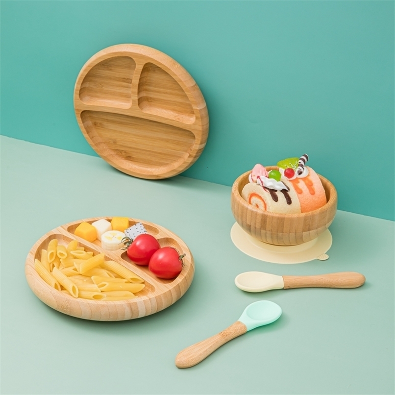 Cups Dishes Utensils 2Pcs Baby Wooden Partition Feeding Tableware Set Toddles Soild Food Feeding Spoon Dish Plate with Suction Cup Children's Stu