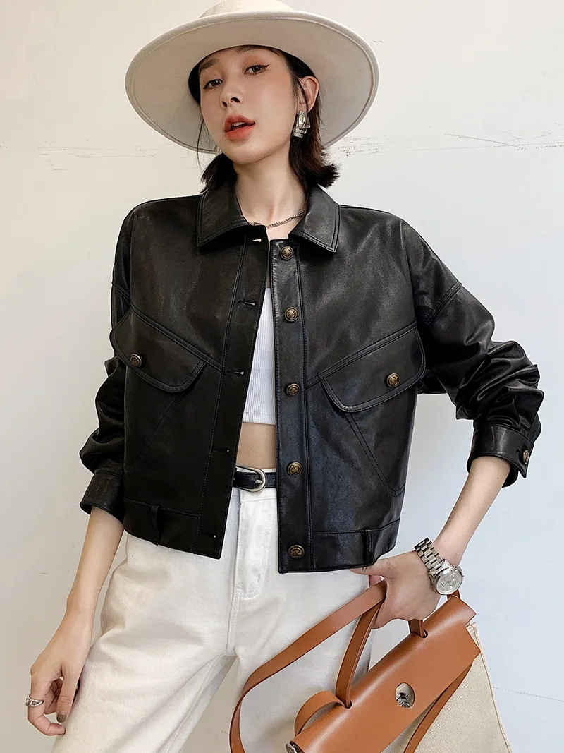 0C41N581 Genuine Leather Women's Coats Short Style Casual Versatile Jacket Spring and Autumn Appear Thin Motorcycle Sheepskin