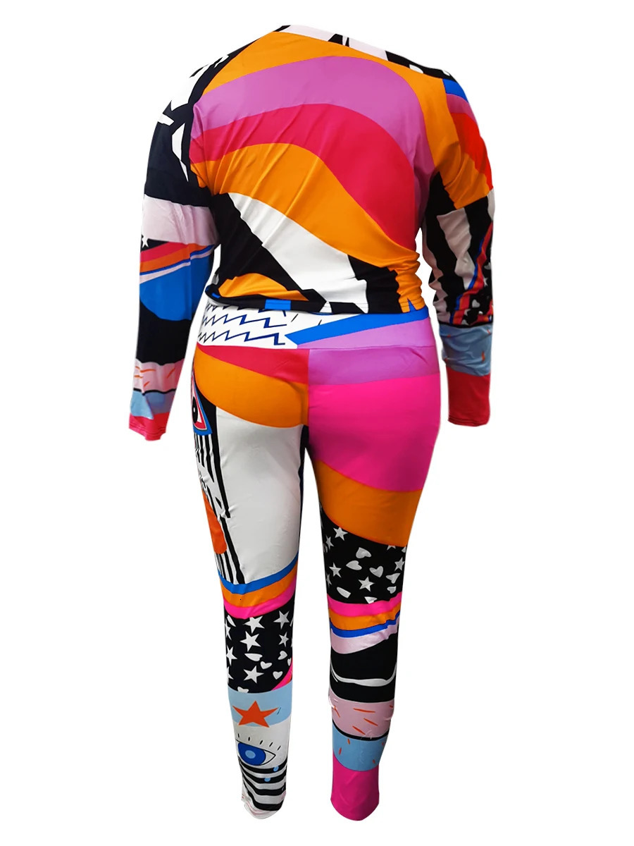 Women s Two Piece Pants LW Plus Size Women Printed Slim Set Eye Star Mixed Print Round Neck Daily Casual Long Sleeve Matching 231025
