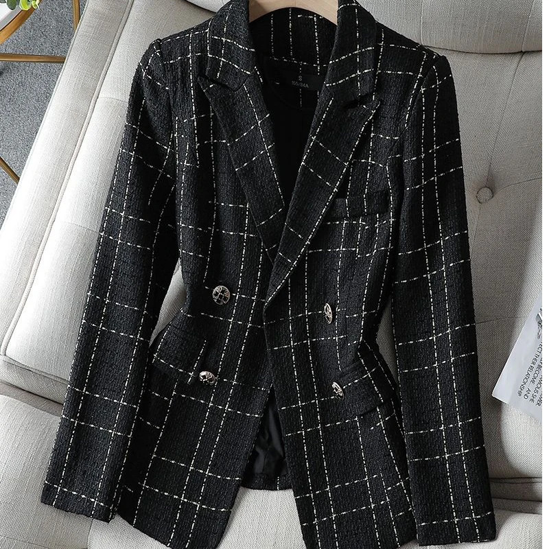 Womens Suits Blazers Tweed White Plaid Longsleeved Top Jacket Autumn and Winter Korean Style Fashionable Elegant Loose Casual Suit 231025