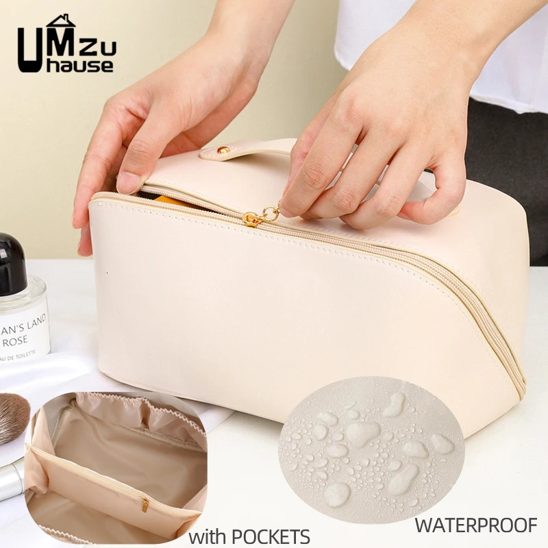 Cosmetic Bags Cases Bag Leather Large Case with Zipper Makeup Toiletries Brush Lipstick Pocket Big Storage Women Travel Portable Organizers 231025