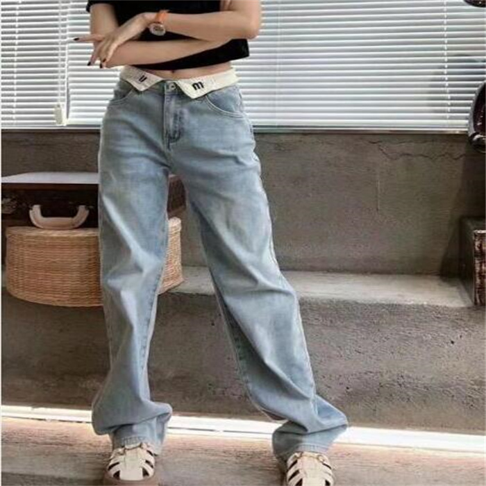 New Brand Women's Jeans Trousers White Lapel Women Straight Letter Embroidery Pants Yoga Wide Leg Trendy Casual Jeans Trouser