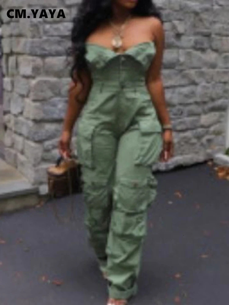Women s Two Piece Pants CM YAYA Fashion Women Strapless Button Front Ruched Cargo Jumpsuit 2023 Autumn Sexy Party Street Playsuit One Suit Romper 2310