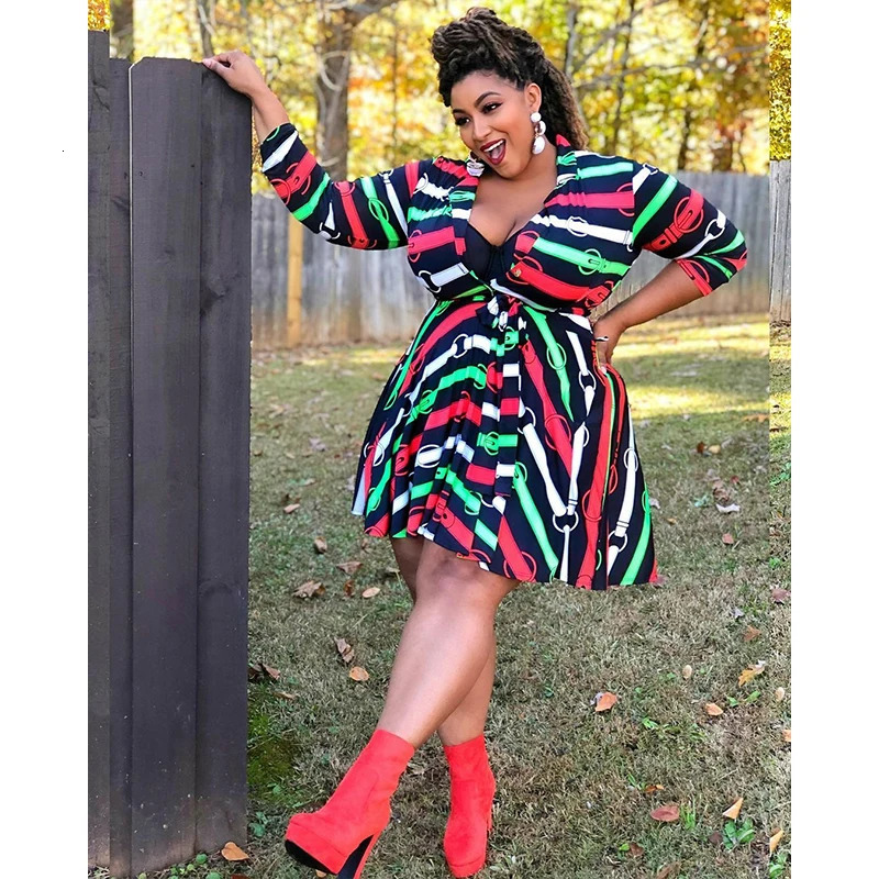 Women s Plus Size T Shirt Elegant Dress Spring and Autumn Oversized Graphic Print Long Sleeve V Neck High Stretch Drawstring 231025