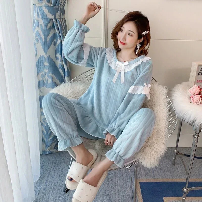 Womens Sleepwear Square Collar Women Pajamas Set Winter Fleece Velvet 2 Piece Pant Home Suit Fluffy Korean Solid Piiama Warm Night Wear 231025