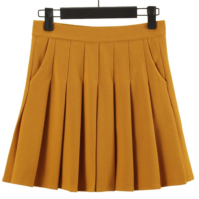 Skirts Pleated Skirt with Pockets Women's Autumn Yellow Preppy Style Elastic High Waist A- Line Slimming Black Kawaii Mini Short Skirt 231025