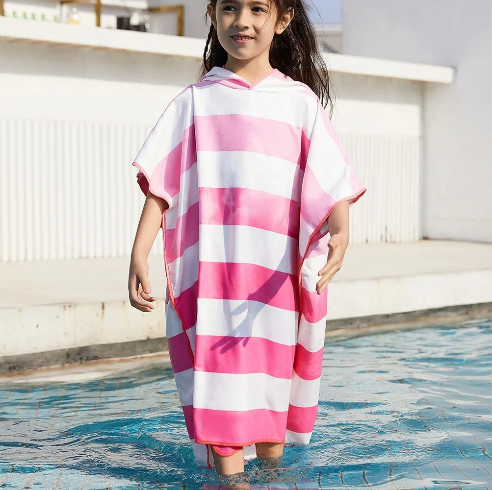 Towels Robes Stripe Printied Microfiber Beach Towel Kids Changing Robe Poncho Lightweight Quick Dry Hooded Bathrobe for Surf Beach Swimmers 231024