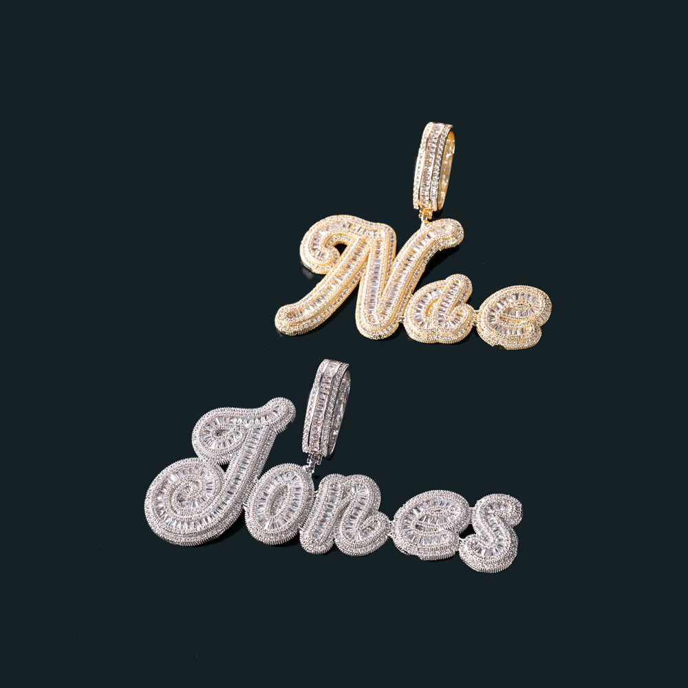 Custom Baguette CZ Cursive Letter Name Pendant Iced Out Cubic Zirconia Personalized Chain Necklace Hiphop Letters Jewelry