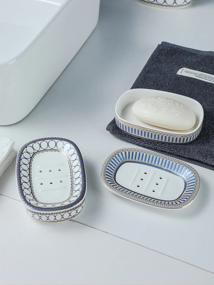 Soap Dishes Nordic Home And el Gold Inlay Double Layer Soap Holder Bathroom Ceramic Soap Dish With Drain Porte Savon 231024