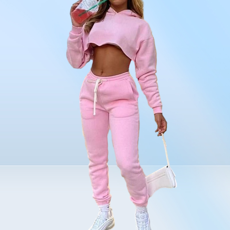 Women039s Two Piece Pants Fall Pink Sweatsuits For Women Hoodie Sweatshirt Crop Top Joggers Sweatpants Set Casual Tracksuits Wh8403665