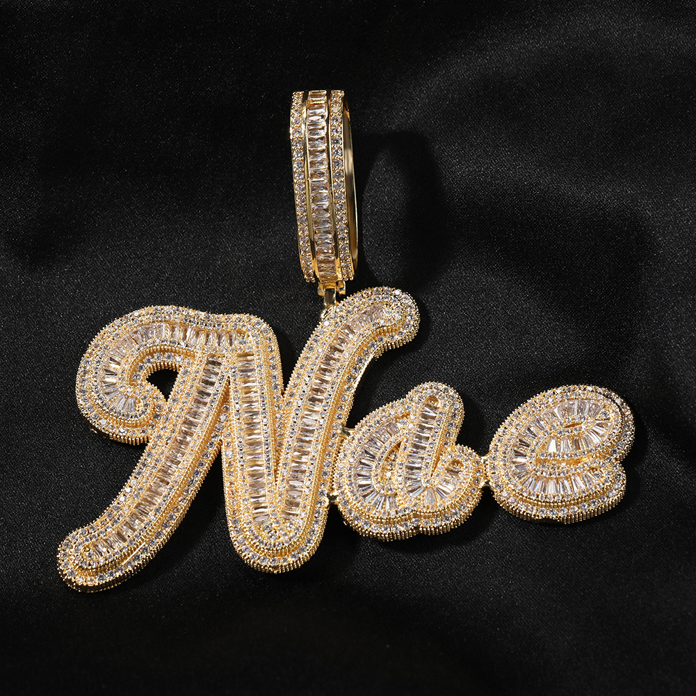 Custom Baguette CZ Cursive Letter Name Pendant Iced Out Cubic Zirconia Personalized Chain Necklace Hiphop Letters Jewelry