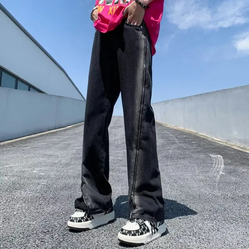 Mens Jeans Y2K Fashion Vintage Black Flared Baggy Pants Men Clothing Split Zipper Straight Hip Hop Denim Trousers Pantaloni Uomo 231025