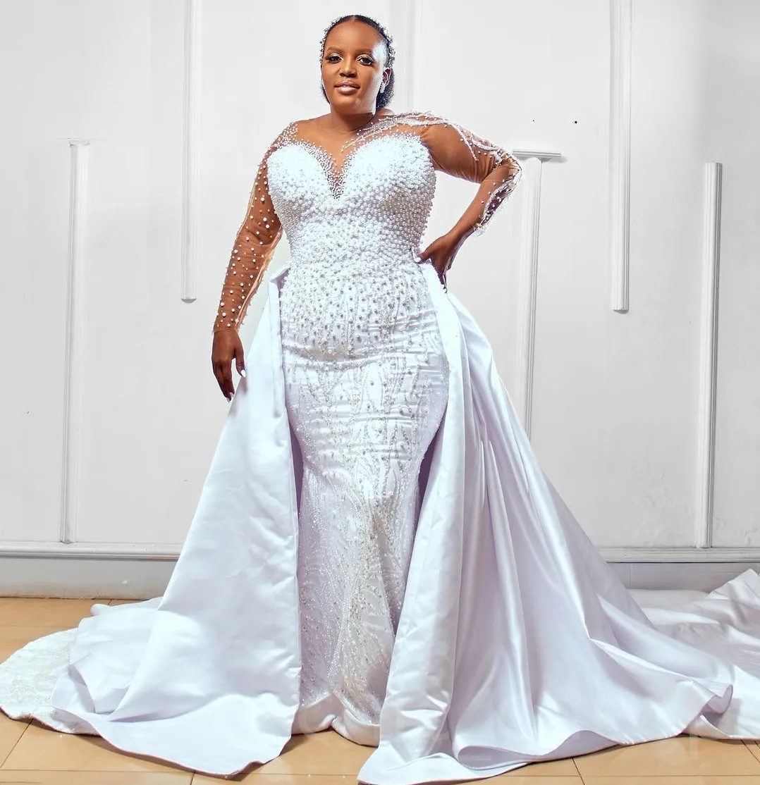 Mermaid African Women Wedding Dress Long Illusion Sleeves Pearls Sequin Lace Satin Bridal Gowns Vestidos De Noiva Abiti Da Sposa