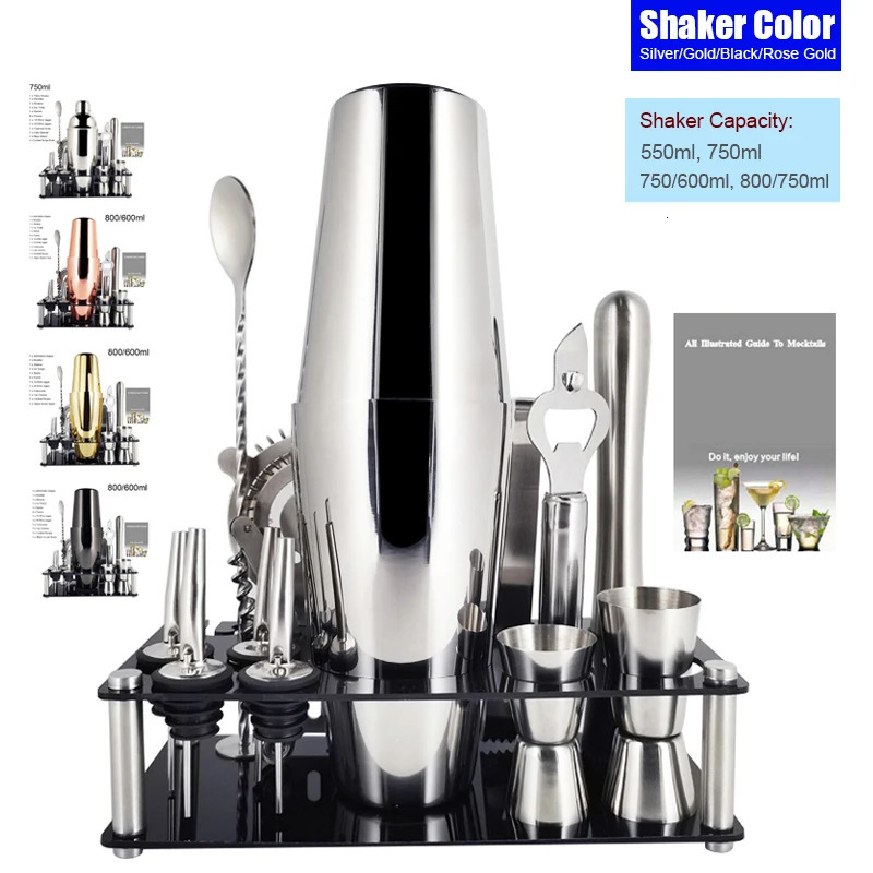 Bar Tools 13Pcs 750/600ml Boston Cocktail Shaker Stainless Steel Mixer Bartender Tools Bar Set Cocktail Recipe With Wine Stand 231025