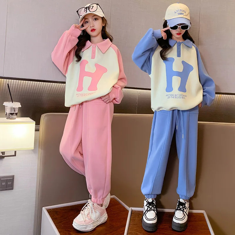 Clothing Sets Girl Autumn Sports Suit Children Lapel Letter Long Sleeve Loose Pants 2pcs Kids Sportswear Teenage Outfit Set 514T 231025