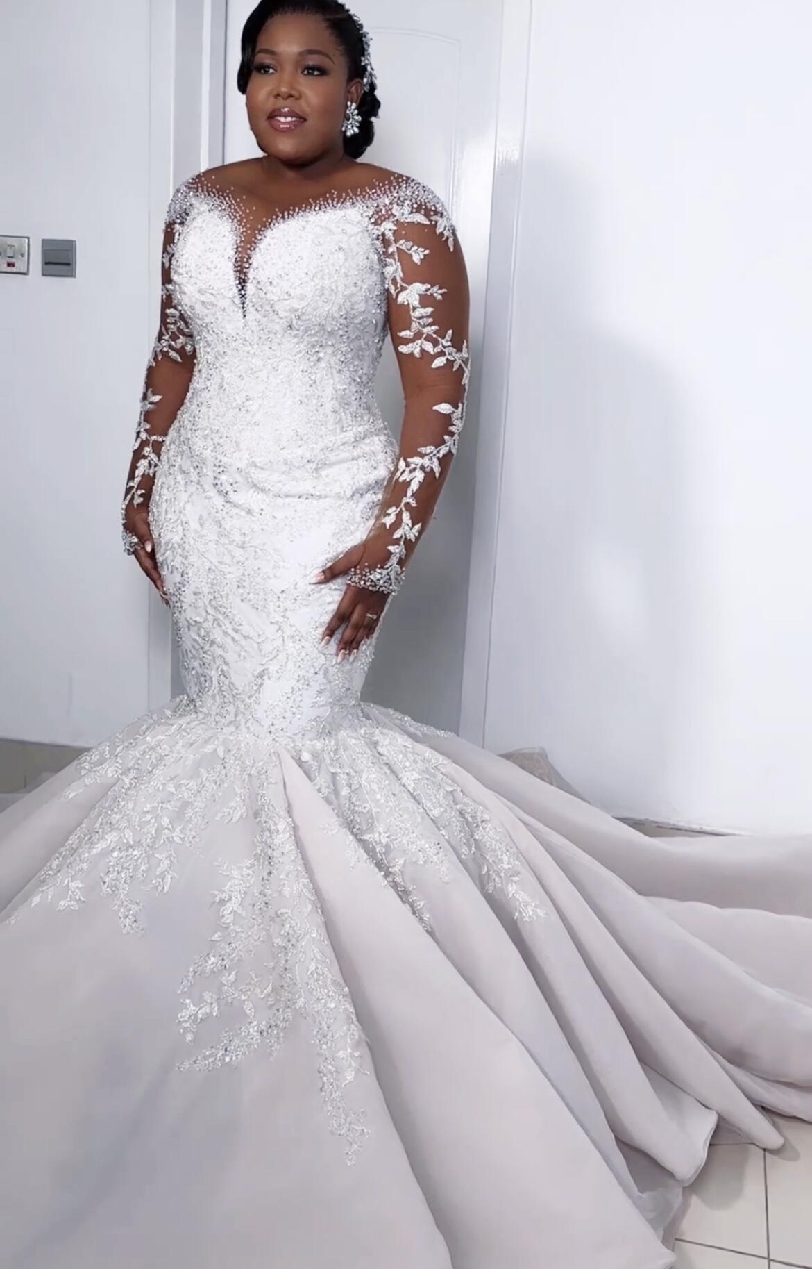 2023 Oct Arabic Aso Ebi Plus Size Luxurious Lace Mermaid Wedding Dress Beaded Ivory Bridal Gowns Dresses ZJ024