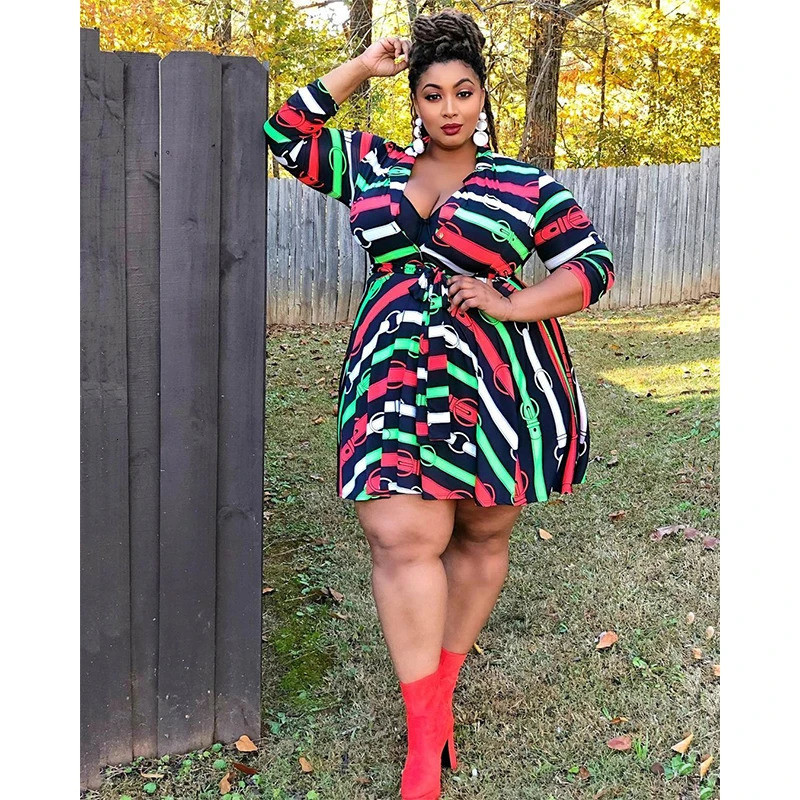 Women s Plus Size T Shirt Elegant Dress Spring and Autumn Oversized Graphic Print Long Sleeve V Neck High Stretch Drawstring 231025