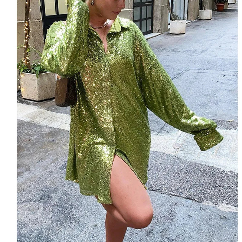 Urban Sexy Dresses Sequins Blouses Women Shirt Long Sleeve Dress Women Green White Shirt Solid Oversized Shirt Party Club Sexy Outfits Y2k Vestido 23
