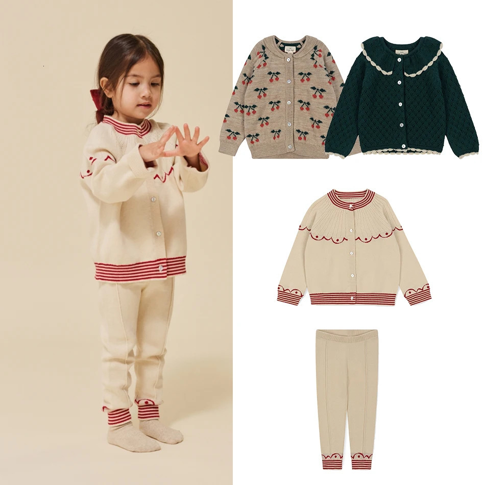 Clothing Sets Winter Ks Kids Knit Sweaters girl Cherry Printing embroider Sweater Baby Cute Clothes Cotton Tops And Pants Suit 19Years 231025