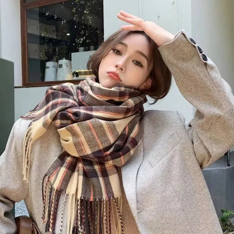 Sarong s Plaid Cashmere Scarf Autumn Winter Check Pashmina Scarves Warm Casual Muffler Female Shawl Coldproof Tassel 231025