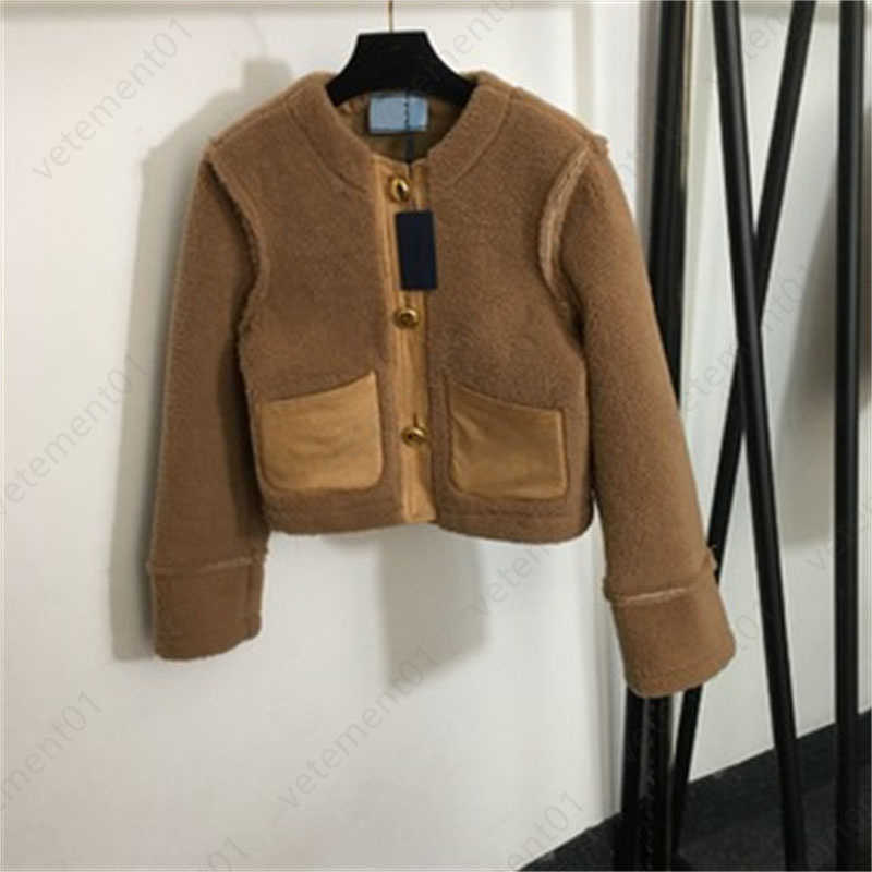 Brown Short Fleece Jacket Women Winter Jacket Fur One Vintage Temperament Lambswool Patchwork PU Leather Plush Long Sleeve Jackets Womens Designer Clothing