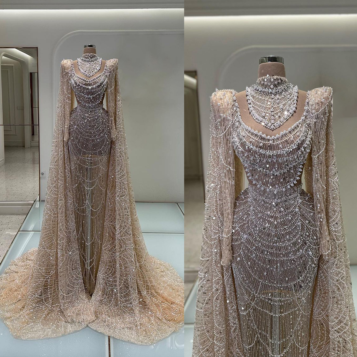 Luxurious High Neck Wedding Dresses Fashion Full Sleeve Beading Pearls Mermaid Gown vestidos de novia Custom Made