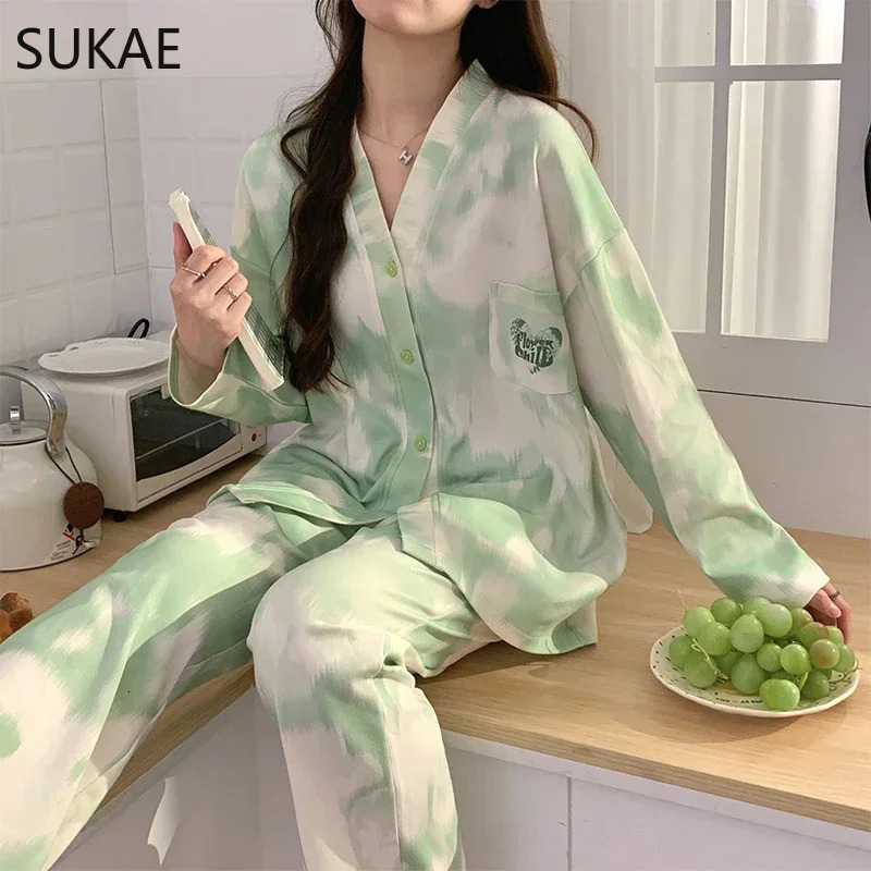 Womens Sleepwear SUKAE Black Roses Autumn Winter Kimono Casual Vneck Lapel Pajamas Sets Full Pjs Cotton Long Sleeves Homesuits 231025