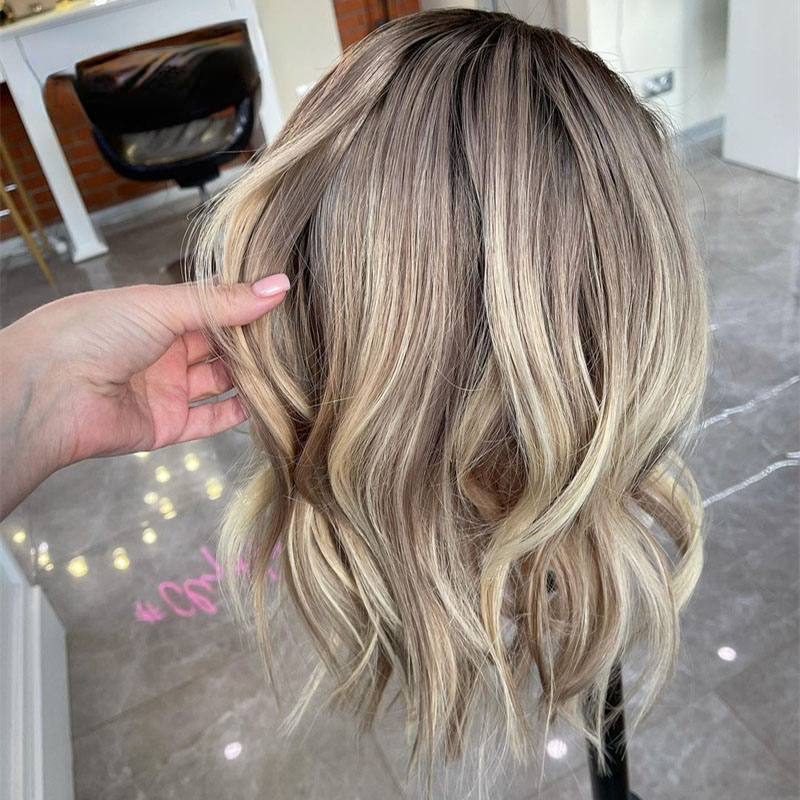 New Peruvian Hair Brown Highlight Wig Human Hair 360 Lace Frontal Wig Short Wavy HD Lace Wig Ash Blonde Lace Front Synthetic Wigs for Women